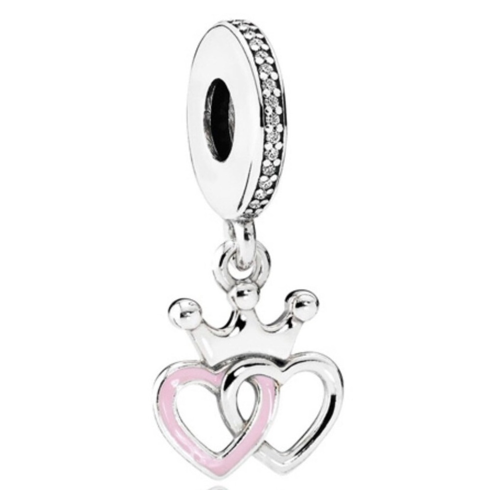 PANDORA Double Heart Crown Dangle Charm Sterling Silver with Cubic Zirconia